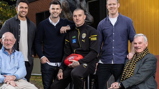 Dustin Martin will play his 300th game this Saturday (15th June 2024) Dustin with fellow Richmond 300 game players , Kevin Bartlett, Shane Edwards, Trent Cotchin, Jack Riewoldt and Francis Bourke. Picture:  Michael Willson