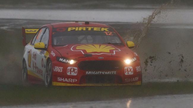 Fabian Coulthard find the grass during practice. Picture: Mark Horsburgh