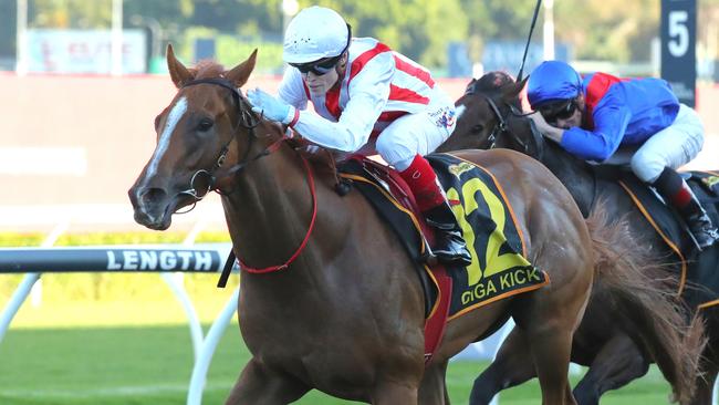 SYDNEY, AUSTRALIA - APRIL 15:  Craig Williams riding Giga Kick wins Race 8 Schweppes All Aged Stakes during "Schweppes All Aged Stakes Day" - Sydney Racing at Royal Randwick Racecourse on April 15, 2023 in Sydney, Australia. (Photo by Jeremy Ng/Getty Images)