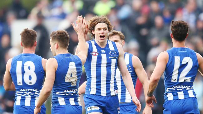 Ben Brown of the Kangaroos celebrates a goal during a match at Blundstone Arena in Hobart. Picture: Michael Dodge/Getty Images