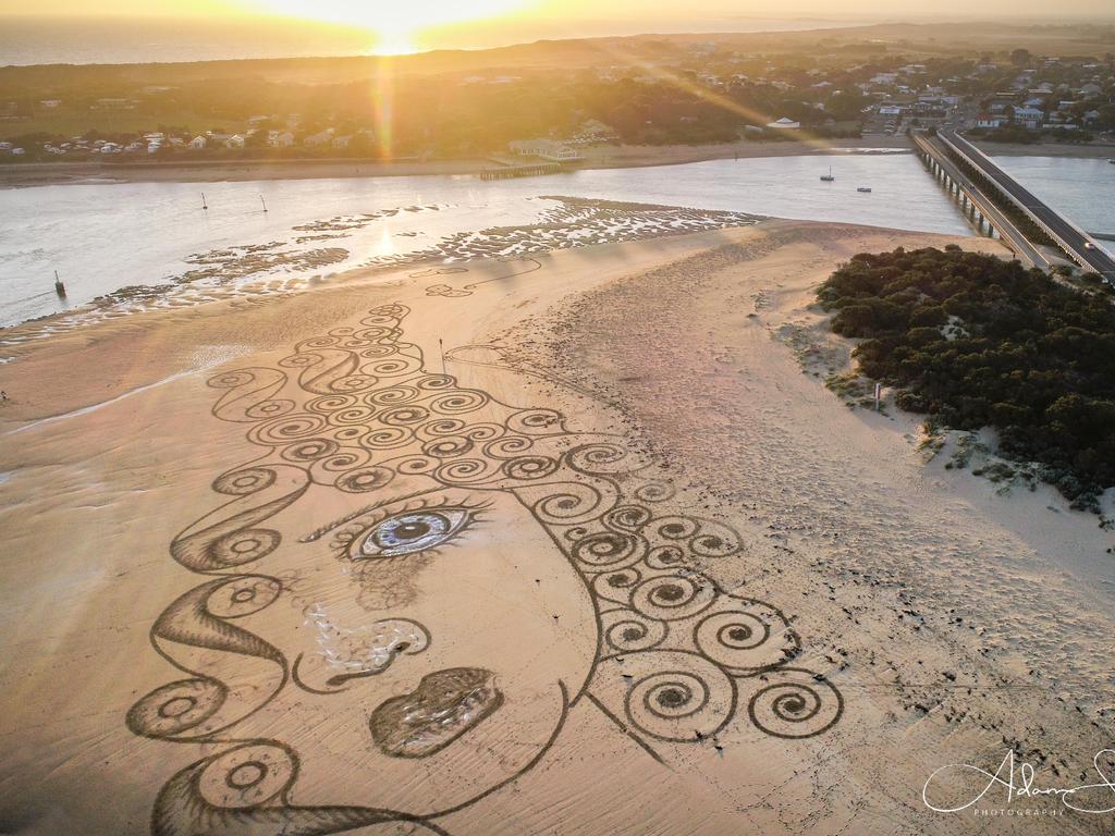 Sand artist @breatheablueocean uses Geelong, Surf Coast beaches for ...