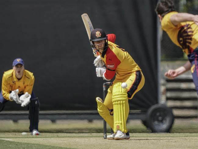 Premier Cricket: St Kilda v Kingston Hawthorn. Kingston keeper Joel Lewis and  Patrick Rowe batting for St Kilda. Picture: Valeriu Campan