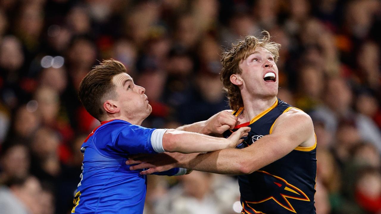 Bayley Fritsch wrestles for position. (Photo by Dylan Burns/AFL Photos via Getty Images)