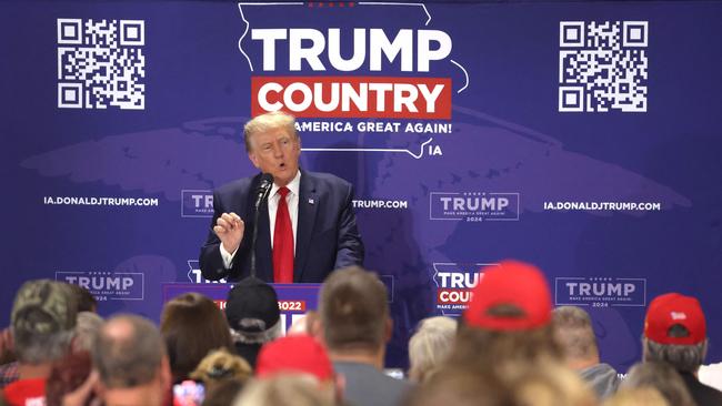 Donald Trump speaks to guests during a rally in Maquoketa, Iowa. Picture: Getty Images