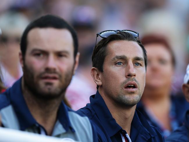 Roosters Mitchell Pearce watches on against the Rabbitohs. Pic Brett Costello