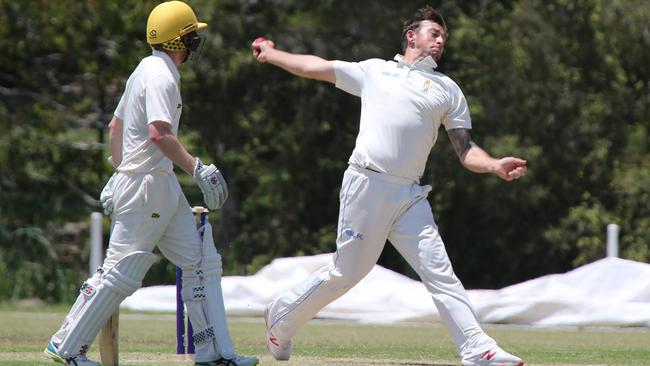 Liam Hope-Shackley at the bowling crease. Picture: Mike Batterham