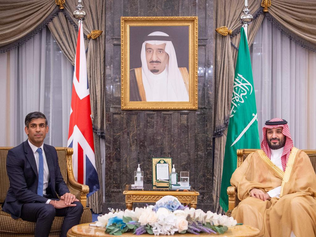 Rishi Sunak meets with Mohammed bin Salman. Picture: Bandar al-Jaloud/Saudi Royal Palace/AFP