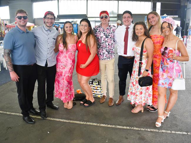 From left to right: Tyler Mason, Ben Casey, Felicia Doherty, Paige Donnelly, Riley Pirotta, Matt Souter, Teagan Davies, Jaymee Eastwood and Courtney Harvey enjoying all the action at the Ladbrokes Cranbourne Cup on Saturday, November 23, 2024. Picture: Jack Colantuono