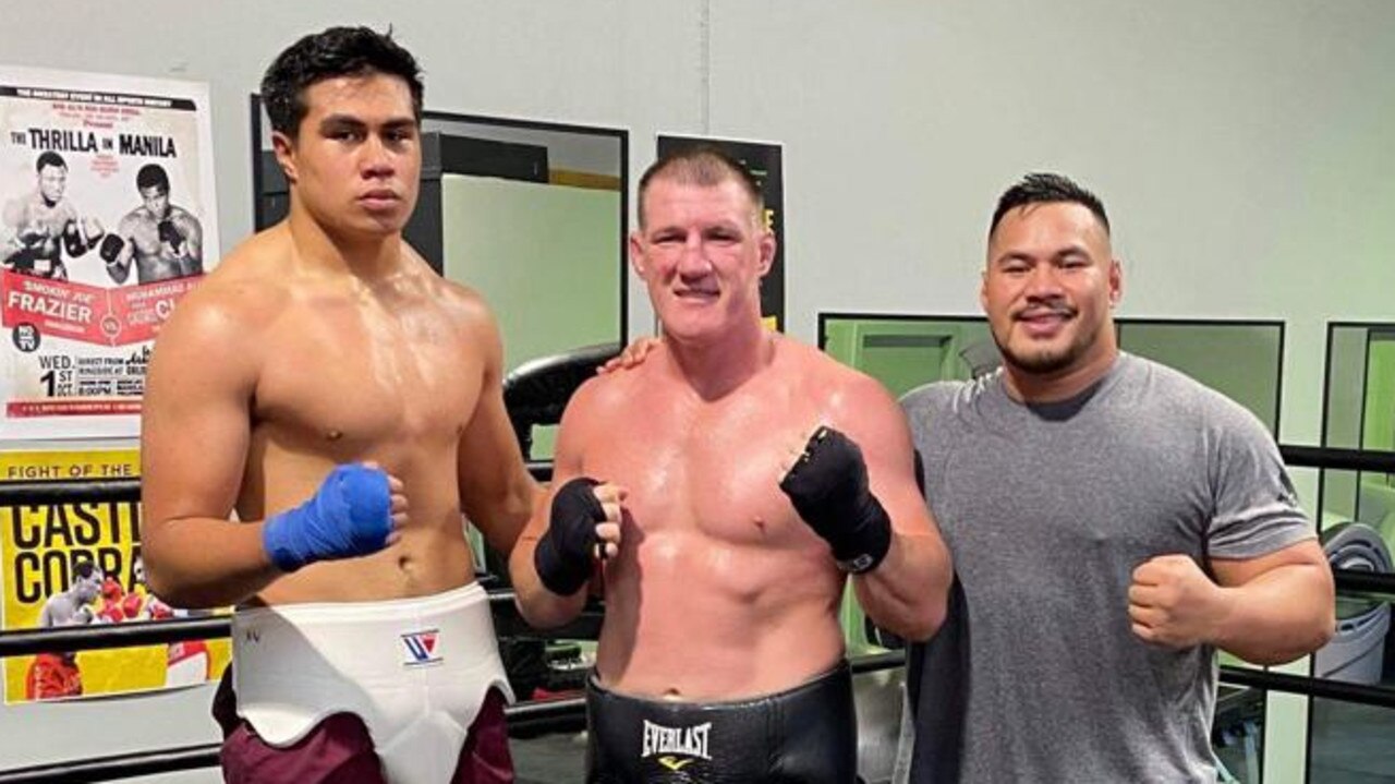 Roosters youngster Xavier Va’a, left, and Paul Gallen after a sparring session last year.