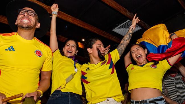 Boisterous Colombian supporters watching their national side take on Argentina in the 2024 Copa America Final at the Lost Arc, Darwin. Picture: Pema Tamang Pakhrin.