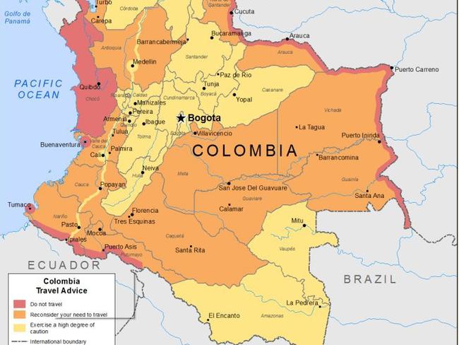 Map on smartraveller.gov.au shows areas in Colombia people should not travel to in red, to reconsider travelling to in orange and to exercise a high degree of caution in yellow. Source: DFAT