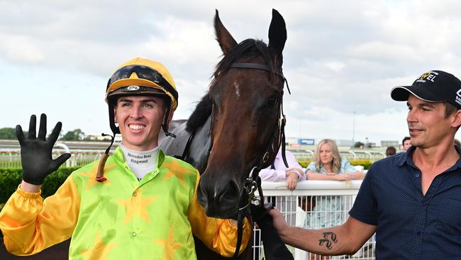 Ben Thompson celebrates his fifth winner of the day with All That Pizzazz. Picture: Grant Peters—Trackside Photography.