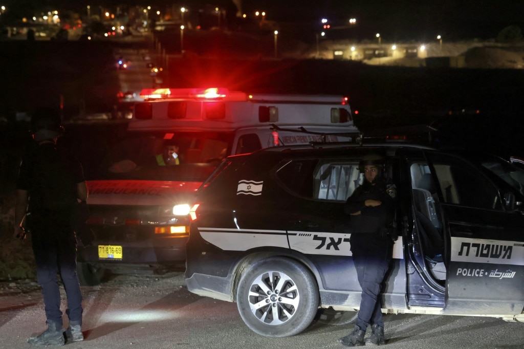 An ambulance near the northern Israeli town of Binyamina, where rescuers said dozens were wounded after Hezbollah claimed a drone strike