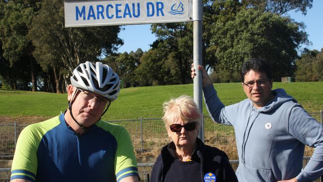 (L-R) Michael Young, Helen McCaffrey and Charlie Tomarchio under the Marceau Drive sign. Picture: Alexi Demetriadi