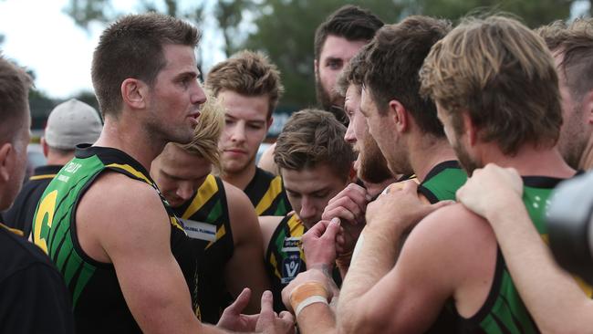 In the huddle: Dromana coach Rikki Johnston talks with his players.