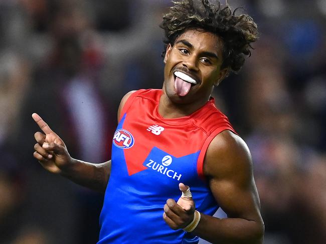 MELBOURNE, AUSTRALIA - MARCH 27: Kysaiah Pickett of the Demons celebrates kicking a goal during the round 2 AFL match between the St Kilda Saints and the Melbourne Demons at Marvel Stadium on March 27, 2021 in Melbourne, Australia. (Photo by Quinn Rooney/Getty Images)