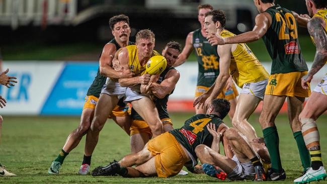 Cooper Dahms trying to release the ball in the Nightcliff vs St Mary’s 2023-24 NTFL major semi final. Picture: Pema Tamang Pakhrin