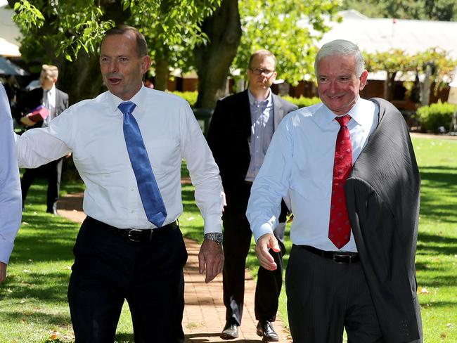 Nick Greiner (right) said he will urge Tony Abbott (left) to stop undermining the prime minister. Picture: Supplied