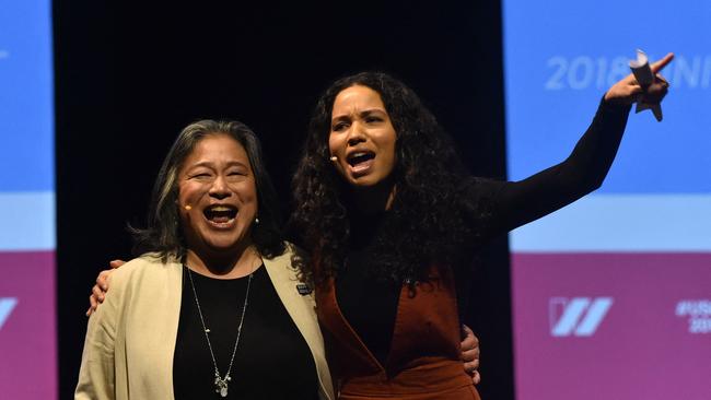 Tina Tchen and Jurnee Smollett at the United State of Women Summit at the Shrine Auditorium in Los Angeles. Picture: AFP