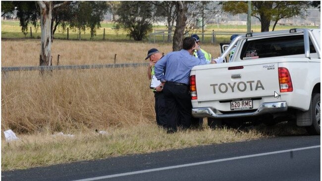 Police investigate the hit and run death of 25-year-old man Shui Ki Chan beside the Warrego Hwy near Gatton in August 2012. Picture: Sarah Fleming / Gatton Star