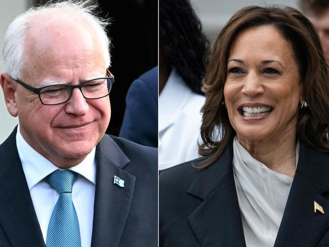 (COMBO) This combination of pictures created on August 2, 2024, shows US Vice President Kamala Harris in Washington, DC on July 22, 2024, and Governor of Minnesota Tim Walz in Washington, DC, July 3, 2024. Harris named Walz as her running mate on August 6, 2024, US media reported, as the vice president prepares to take on Republican Donald Trump in November's US election. (Photo by Jim WATSON and Chris Kleponis / AFP)