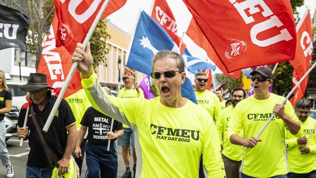 Michael Ravbar leads CFMEU members in the Labour Day 2022 Toowoomba march in April. Picture: Kevin Farmer