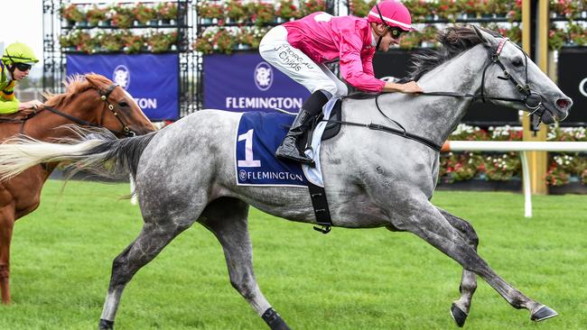 Fabergino, ridden by Jordan Childs, led all the way down the Flemington straight.