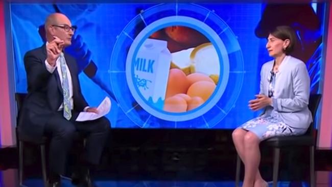 NSW Premier Gladys Berejiklian and Sunrise presenter David Koch during their heated discussion over pill testing on Monday. Picture: Sunrise