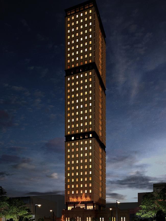 An initial architects’ render of The Switch student tower at 203 North Tce.