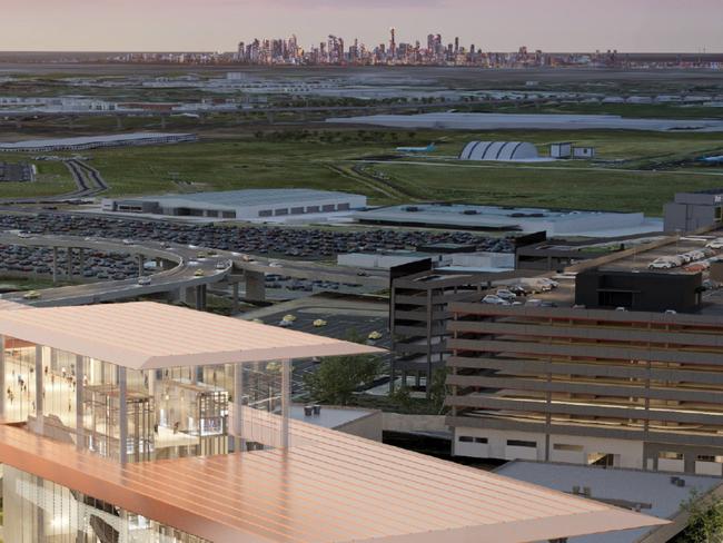 A render of the Melbourne airport station as part of the Melbourne airport rail link.