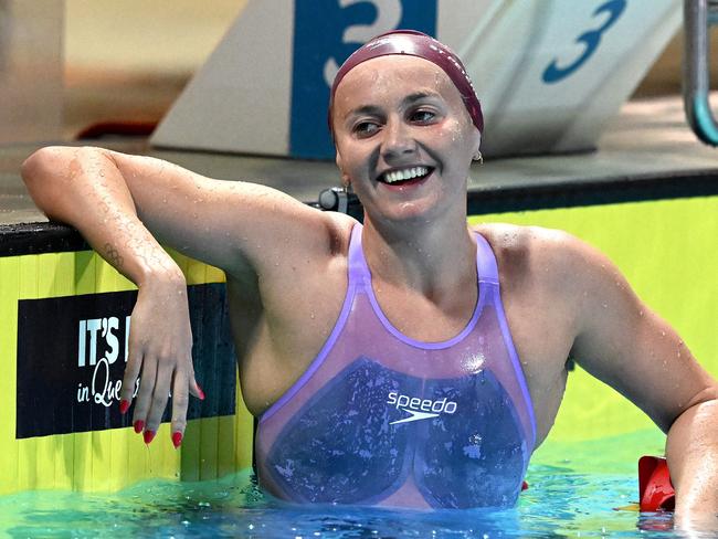 GOLD COAST, AUSTRALIA - APRIL 19: Ariarne Titmus gives a smile after winning the Women's Open 400 LC Metre Freestyle during night three of the 2023 Australian Swimming Championships at Gold Coast Aquatic Centre on April 19, 2023 in Gold Coast, Australia. (Photo by Bradley Kanaris/Getty Images)