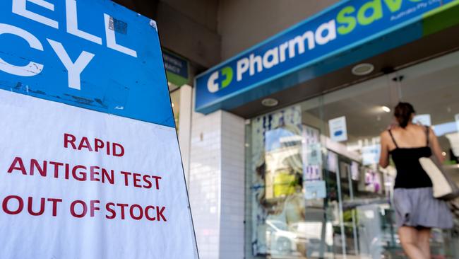 MELBOURNE, AUSTRALIA - NewsWire Photos JANUARY 24, 2022: Melbourne Pharmacies display signage of RAT kits being out of stock. Millions of Australians are eligible to get them for free from today, but finding them may prove challenging.Picture: NCA NewsWire / David Geraghty