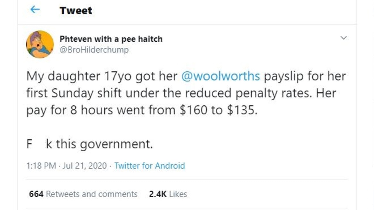 A dad's tweet about his daughter's penalty rate pay cut has gone viral. Picture: Twitter