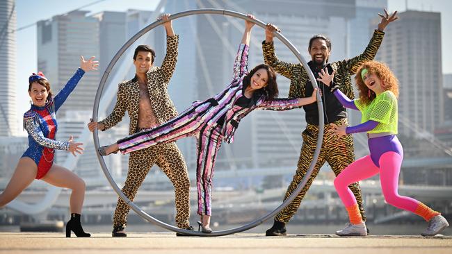 Artistic director Louise Bezzina promoting the 2024 Brisbane Festival, helped by members of Briefs Factory and Common People Dance Eisteddfod. Picture: Lyndon Mechielsen