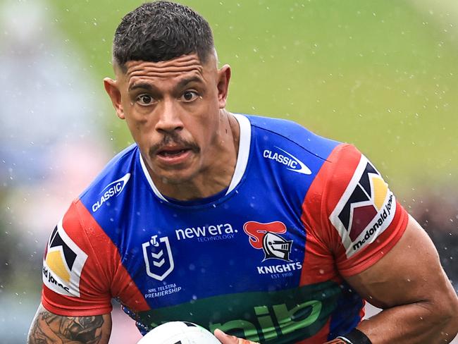 NEWCASTLE, AUSTRALIA - MAY 05: Dane Gagai of the Knights runs with the ball during the round nine NRL match between Newcastle Knights and New Zealand Warriors at McDonald Jones Stadium, on May 05, 2024, in Newcastle, Australia. (Photo by Mark Evans/Getty Images)