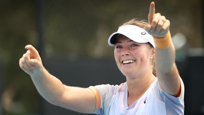 Australian Olivia Gadecki celebrates her win over Polina Kudermetova to progress to the second round. Picture: David Caird