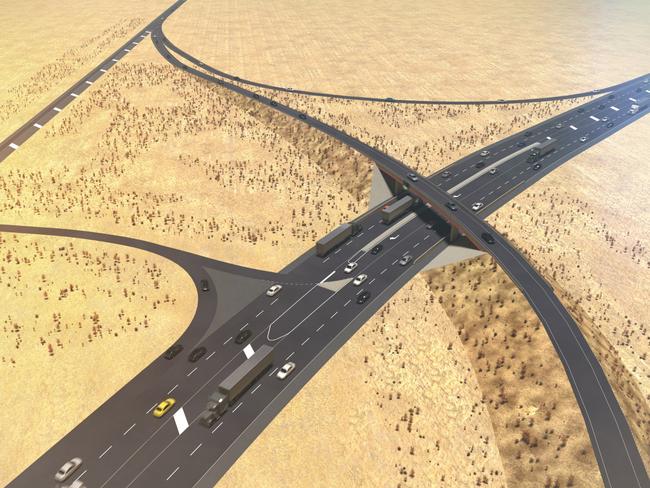 An artist’s impression of the Liberals’ overpass plan at the Copper Coast Highway and Augusta Highway intersection, complemented by the re-routing of access roads at the intersection.