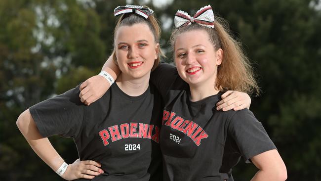 Cheerleaders Saara Davey, 18, and Indigo Smith, 12 from Phoenix Cheer and Dance. Picture: Brenton Edwards