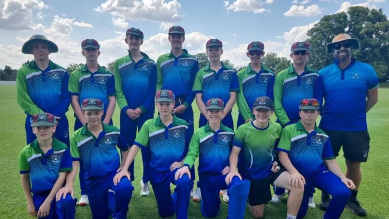 The 2024 Under-15 boys Darling Downs and South West Queensland side after winning the South Queensland Cricket Conference Southern Hub.