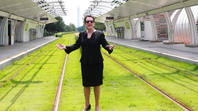 Lord Mayor Clover Moore at Pazhou light rail station, Guangzhou in 2016.