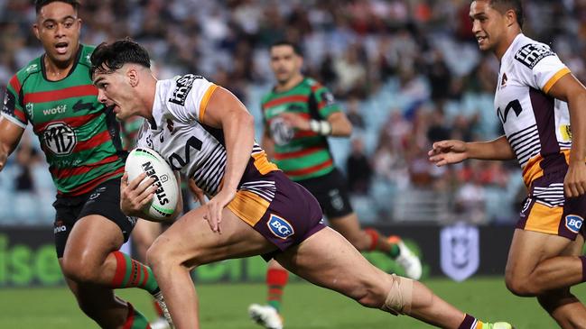 Herbie Farnworth heads for the tryline against the Rabbitohs in round 9. Picture: Cameron Spencer/Getty Images