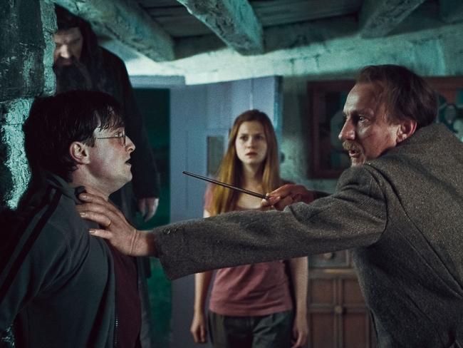 Robbie Coltrane as Rubeus Hagrid, Daniel Radcliffe as Harry Potter, Bonnie Wright as Ginny Weasley and David Thewlis as Remus Lupin.