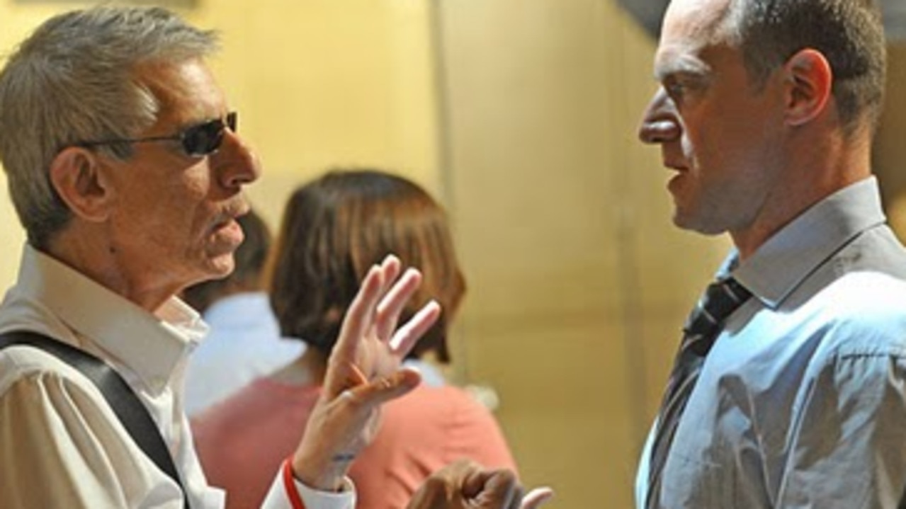 Actors Richard Belzer and Chris Meloni on the set of <i>Law and Order: SVU</i>.