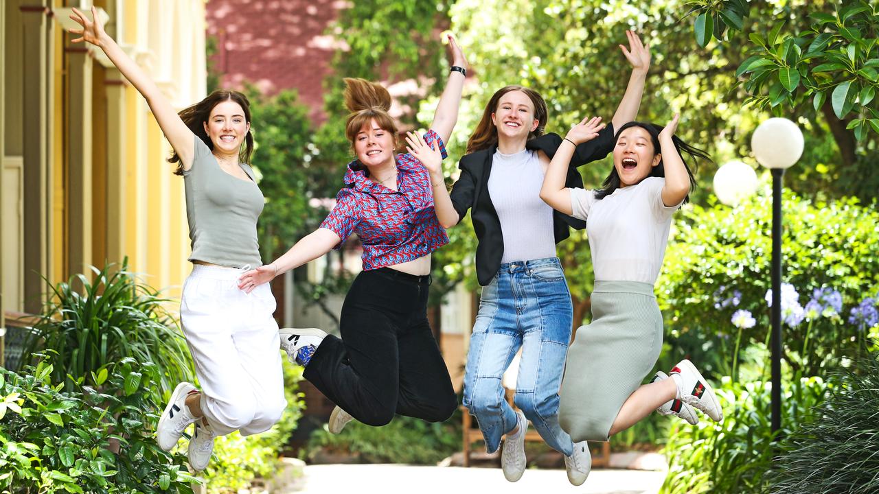 Brisbane Girls Grammar School graduates Abigail King, 17, Audrey Lusk, 17, Samantha Atherton, 17 and Zhixuan Zhang, 17. Picture: Zak Simmonds