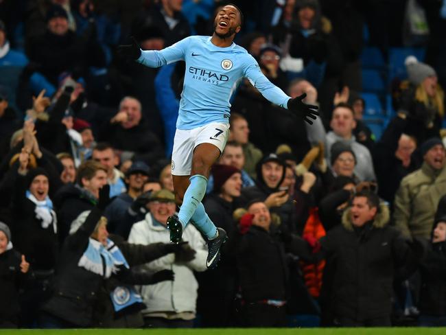 Raheem Sterling of Manchester City celebrates his winner.