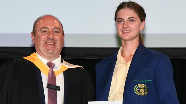 Sophia Switajewski received a near perfect ATAR score of 99.90, is pictured with Pembroke principal, Mark Staker. Picture: Supplied