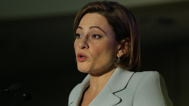 Treasurer Jackie Trad speaking to media at parliament. Picture: Mark Cranitch.