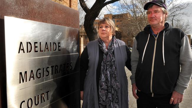 Lynette and Leigh Lyall outside the Adelaide Magistrates Court. Picture: Greg Higgs