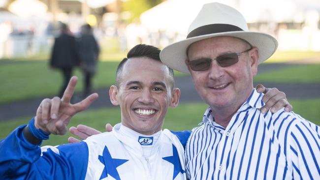 Jockey Matt McGillivray with trainer Toby Edmonds after winning back to back Ramornie Handicaps on Havasay.