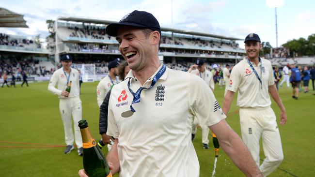James Anderson of England celebrates after winning the 3rd Test match between England and the West Indies at Lord's.